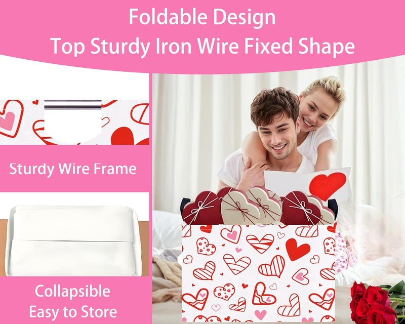 BOOHIT Valentines Day Basket Large Foldable Heart Shaped Storage Box for Gifts Kids Empty Storage Bins Rectangular Toy Organizer Decor (Hollow Lines Love) - Image 5